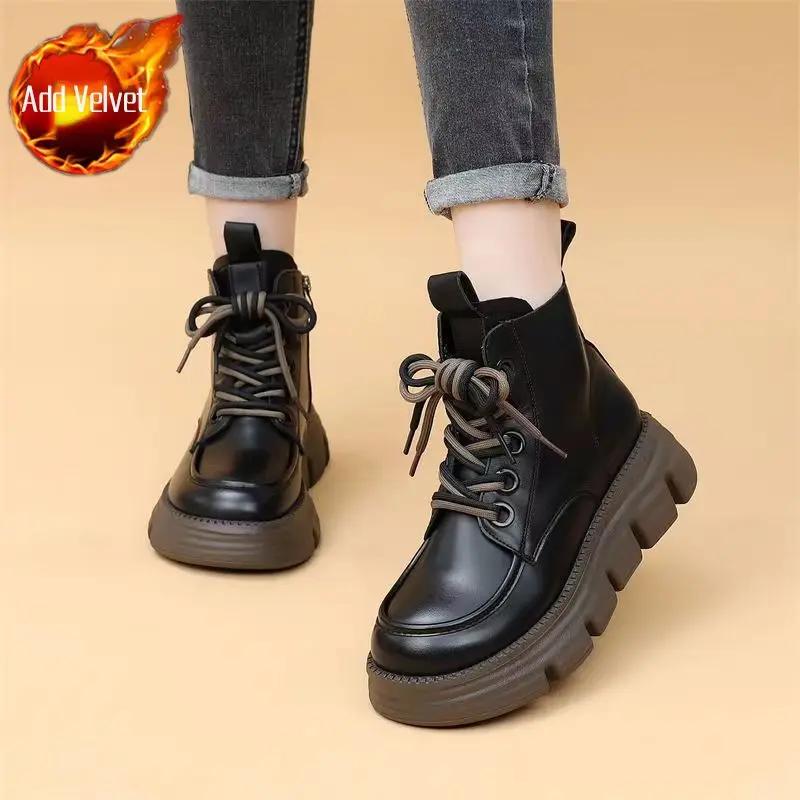 Fashion Punk Style Combat Chunky Booties with Laces Women's Ankle Boots Round Toe Leather Female Short Shoes Platform Lace-up On Offer