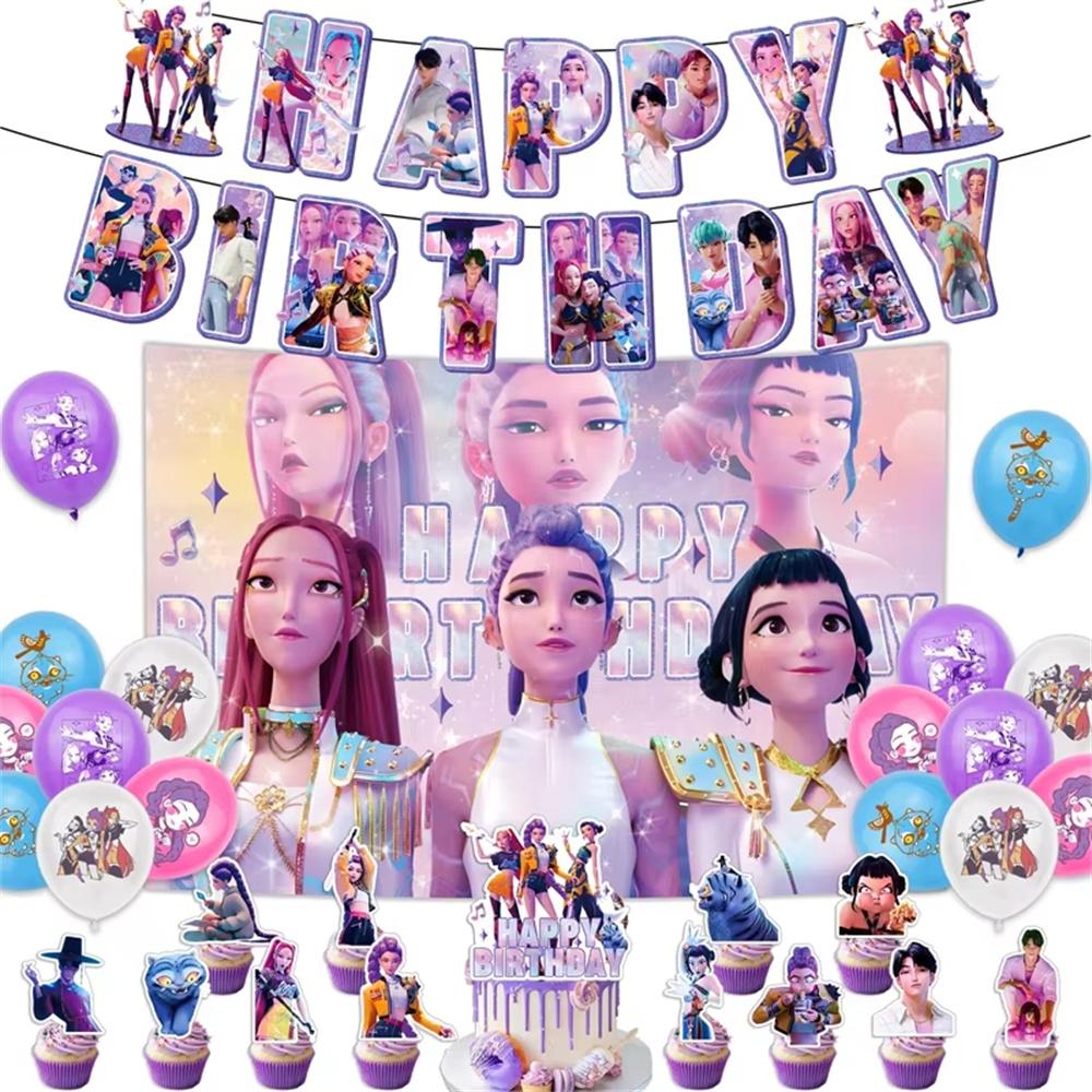 Kpop Demon Birth Date Celebration Decoration Hunter Group Birth Date Celebration Supplies Huntrix Kpop Anime Cake Topper Balloons Hanging Flag