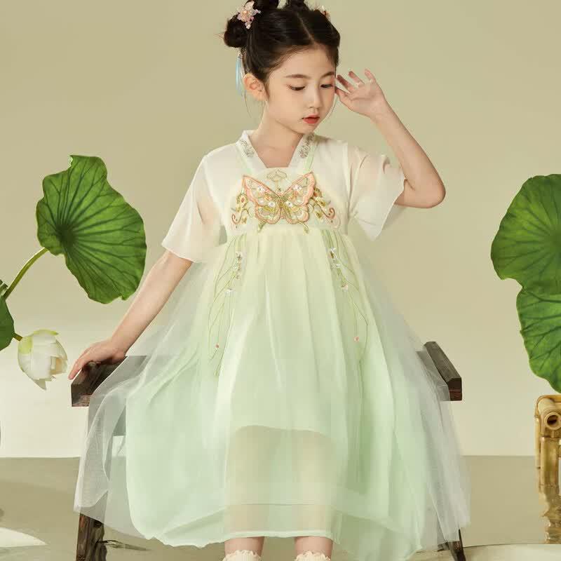 Little Tiger Patty Girls  Summer Hanfu Dress - Light Green Butterfly Print 120