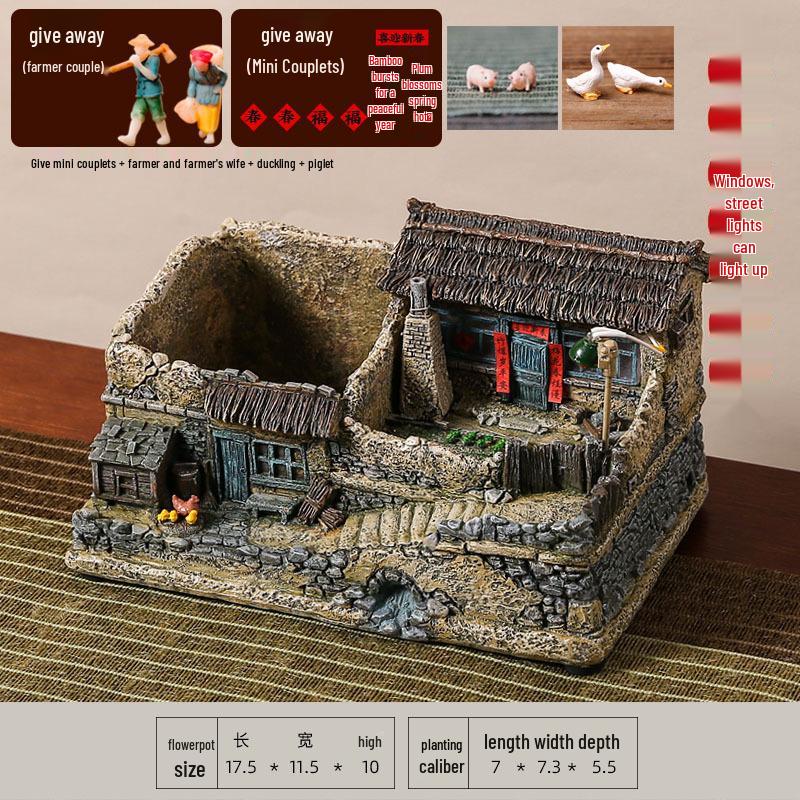 Retro Farmhouse Courtyard Miniature: Nostalgic Desktop Bonsai Decor for Living Room