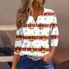 Women's Fashion Casual Christmas Print V-Neck 3/4 Sleeve Button T-Shirt Top
