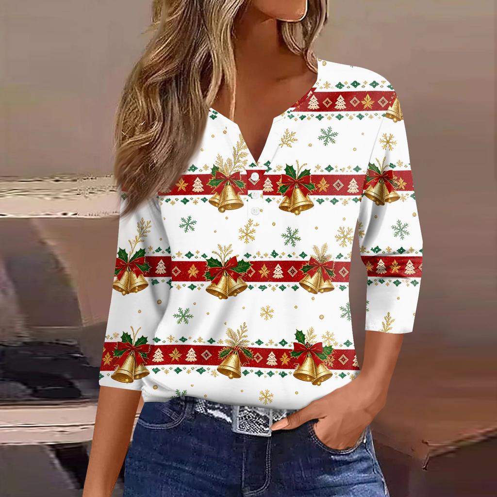 Women's Fashion Casual Christmas Print V-Neck 3/4 Sleeve Button T-Shirt Top