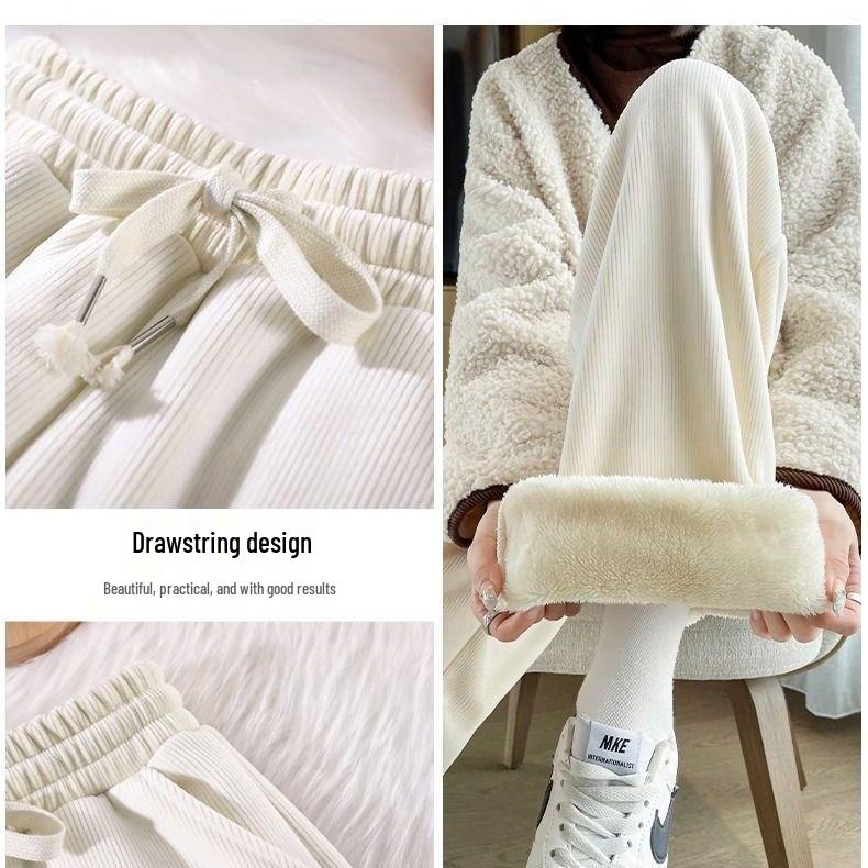 Wide-Leg Corduroy Fleece-Lined Pants: Warm, Thick, High-Waist, Straight-Leg Casuals for Women, Girls & Boys - Perfect for Autumn & Winter.