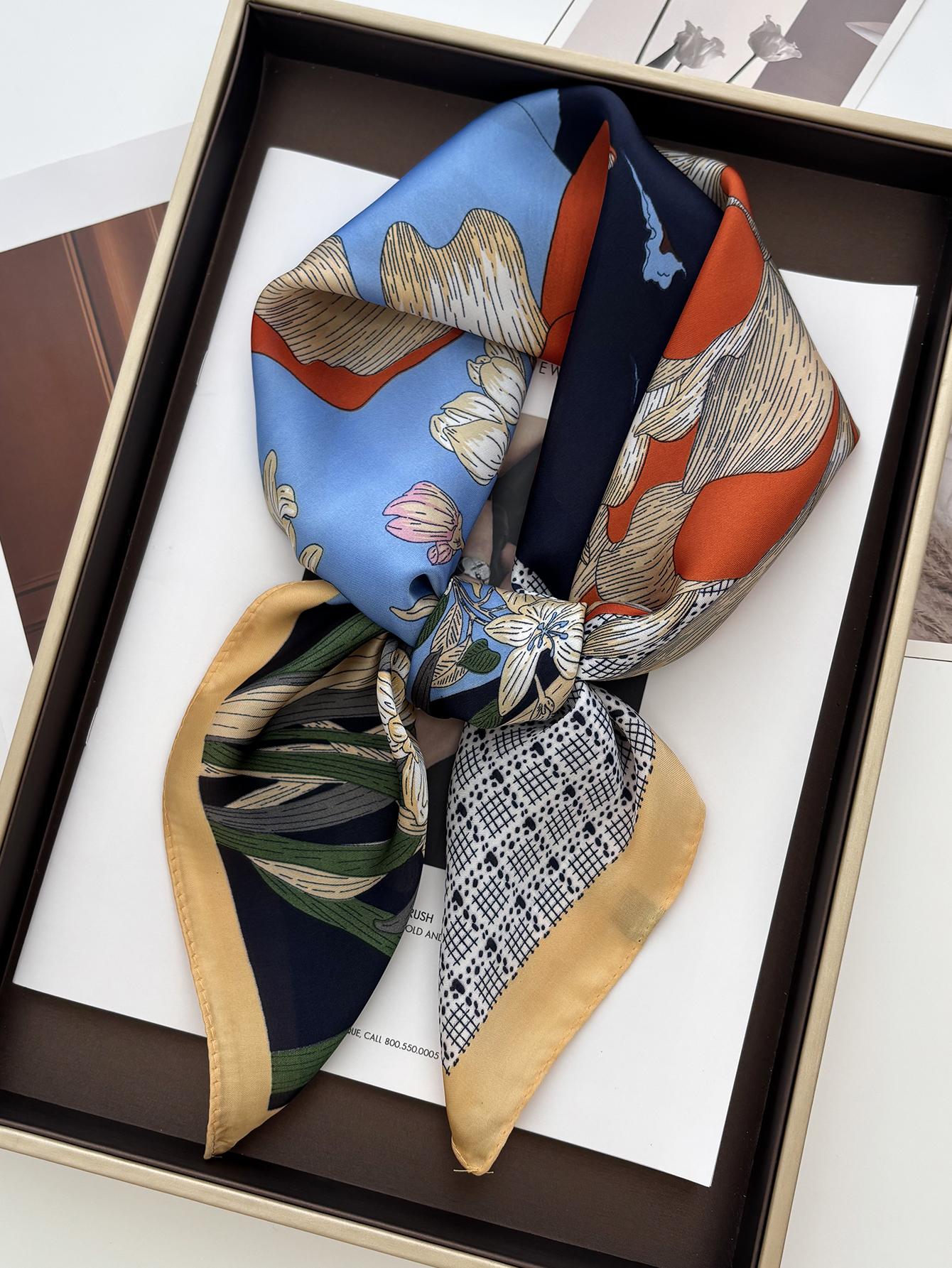 

New Floral Print Shawl Square Scarf for Women Soft Satin Wraps Neckerchief Female Hair Bands Ribbon Headband Bandana for daily use 70x70CM