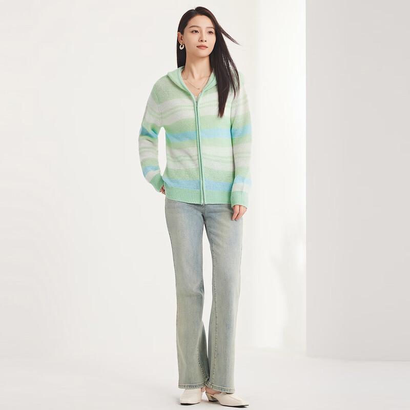 FAPAI Women's 100% Wool Striped Zip-Up Hoodie Cardigan