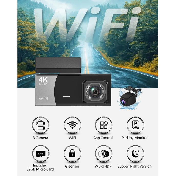 

3 Channel 4K WiFi Dash Cam Front and Rear, Dash Camera for Cars with App, Dashboard Camera Recorder,24H/7 Parking Monitor 32G чорний