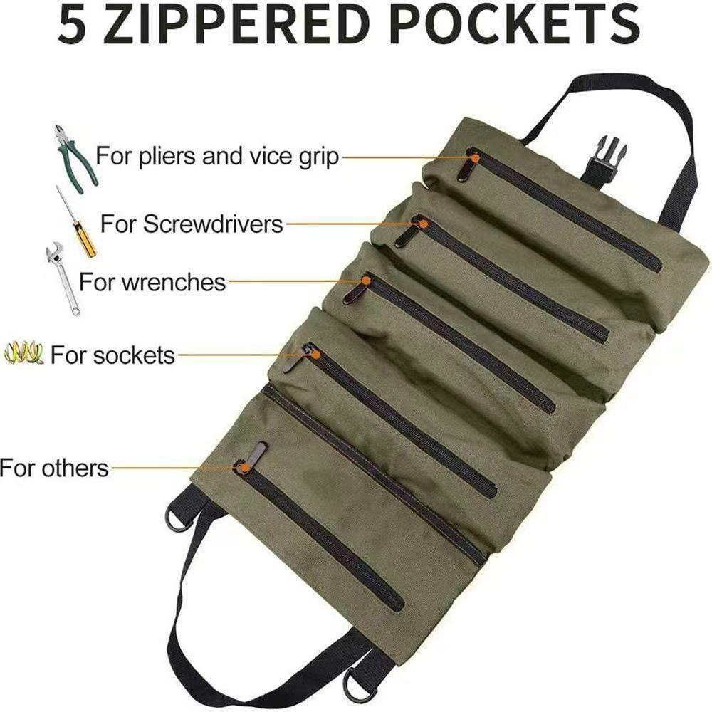 Multipurpose Roll-Up Tool Bag and Wrench Organizer with Shoulder Strap and Zipper Closure