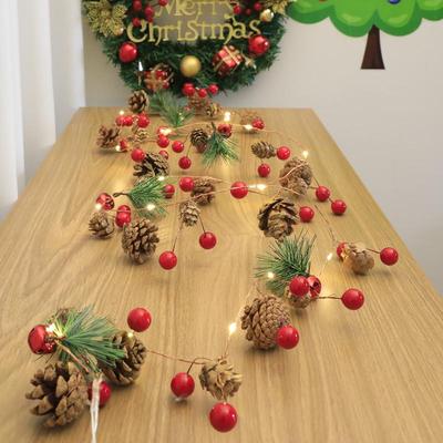 Christmas Pine Cone & Needle LED Copper Wire String Lights with Mulberry Banner Decoration