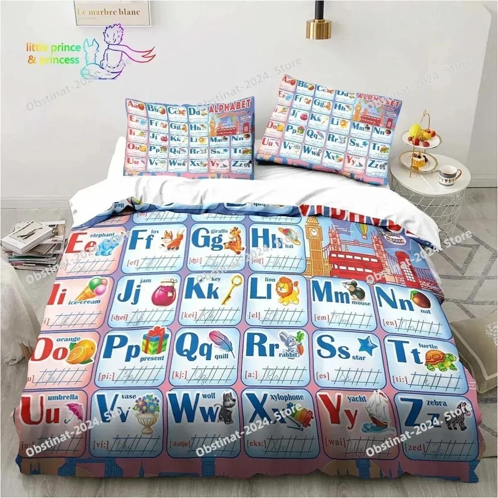 Educational Alphabet Bedding Set Printed single Comforter Quilt Bed Cover Duvet Cover Pillow Case 3 Pieces Sets Kids Adult Size