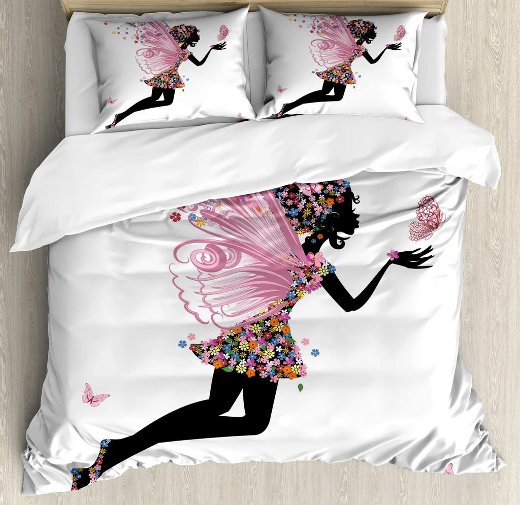 Fantasy Märchen Weiche Bettbezug-Set, Mädchen Flügel plus Schmetterlinge Kleiner Kobold Elf Wald Bettwäsche Set Wodlplus Warmer Deckenbezug Königin