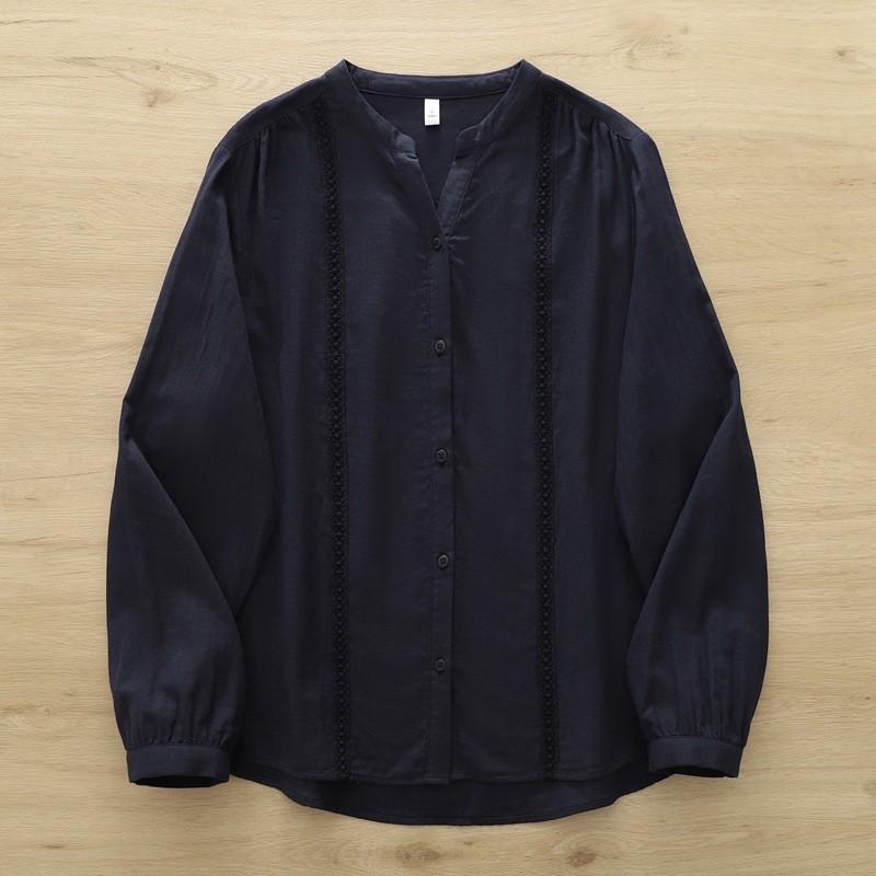 Women Cotton Yarn Soft Shirts Long Sleeve V Neck Blouses White Blue Patchwork Office Lady Tops Casual Female Clothes