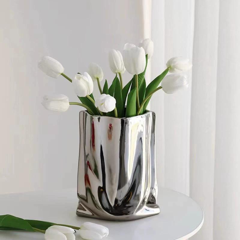 WTEMPO Ceramic Silvery Flower Vase Crinkle Paper Shaped Decorative Large Vase Ornaments for Living Room Home Decorations