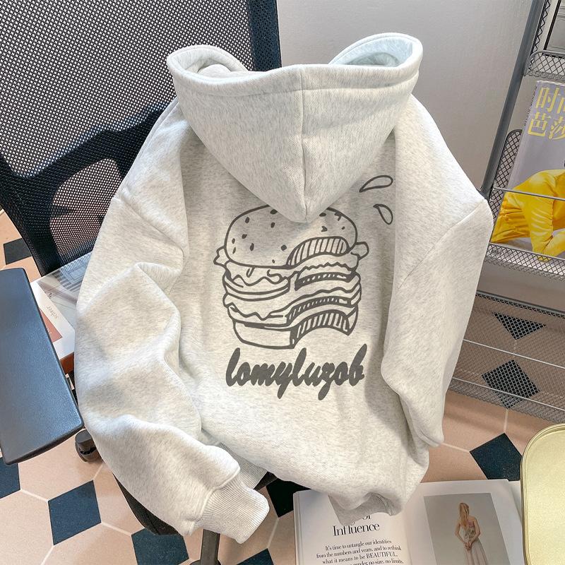 Hooded Sweater Print High Street Trend Men s Autumn and Winter Models Fleece Thickened Loose Retro Women Oversize M