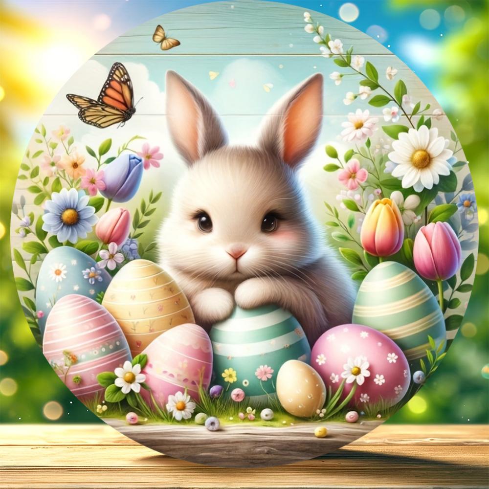 1 Piece of Farmhouse Wooden Easter Logo, 7.87 Inches X 7.87 Inches Round Sign, with Rabbits and Chickens, Festive Wall and Door