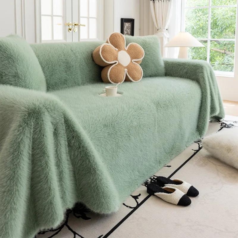 AIWINSURE-Luxury Faux Mink Fur Sofa Towel Blanket, Thick Plush Couch Slip Cover, Universal Recliner Furniture Protector, 4 Seats
