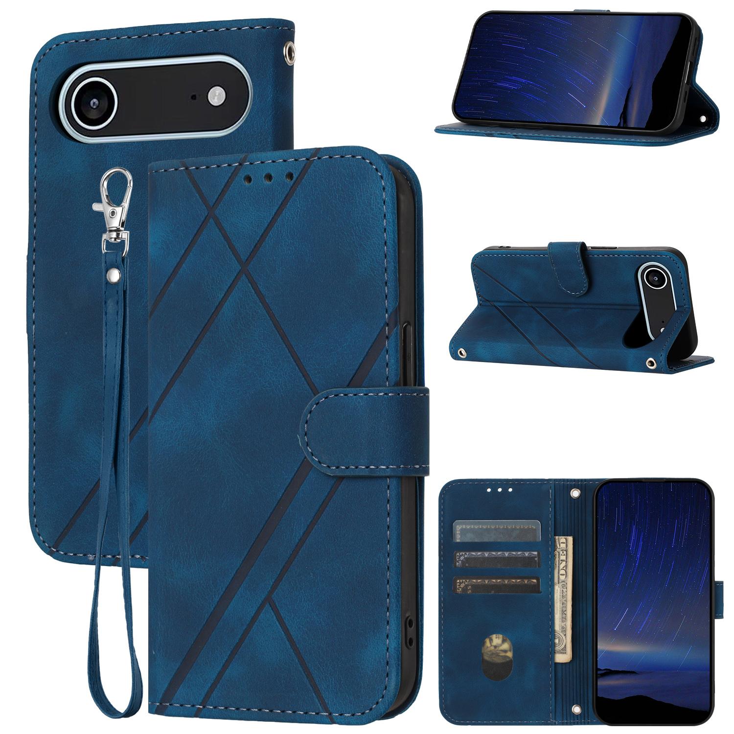 

For iPhone 17 Air Case Imprinted Line Leather Phone Cover with Handy Strap Blue