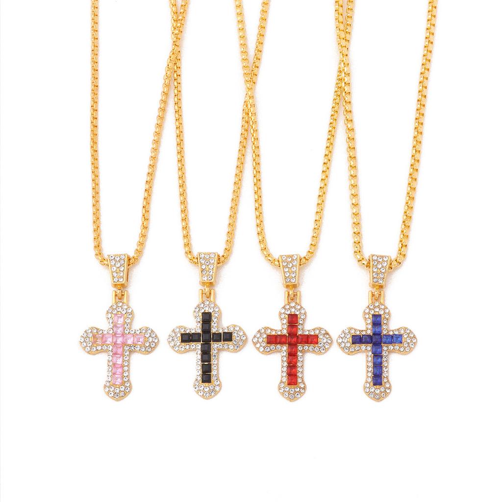 Personalized Versatile New Multi-color Zircon Pendant European and American Full Diamond Cross Necklace Hip-hop Trend Jewelry