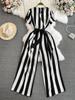 Fashion Celebrity Short Sleeve V-Neck Striped Dress Pants Casual High Waist Skinny Straight Wide Pants Jumpsuit