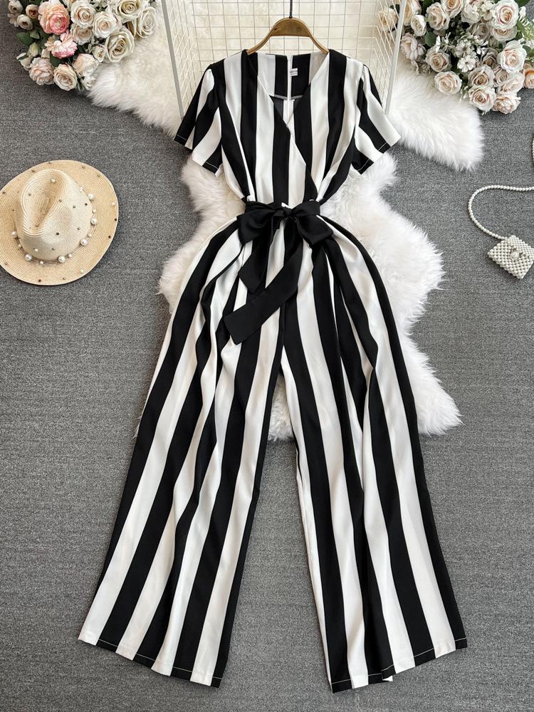 Fashion Celebrity Short Sleeve V-Neck Striped Dress Pants Casual High Waist Skinny Straight Wide Pants Jumpsuit