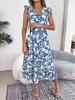 Women Casual Floral Elastic Waist Ruffled Vacation A Line Long Chiffon Dress