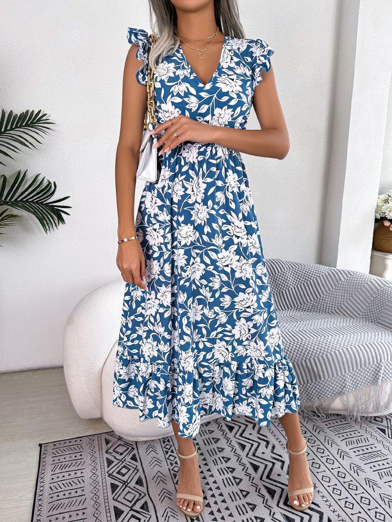 Women Casual Floral Elastic Waist Ruffled Vacation A Line Long Chiffon Dress