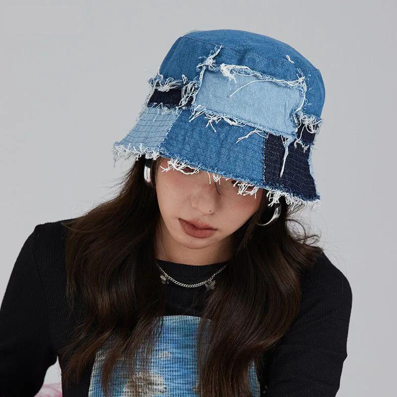 

Japanese Niche Designer Bucket Hat Showing Small Face Retro Beggar Style Splicing Contrasting Color Denim Basin Caps for Women 56-58cm синій