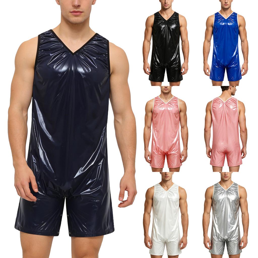 Pánské Sissy Noční Oblečení Kombinéza Výstřih do V Bez Rukávů Rozepínací v Rozkroku Knoflíky Nepromokavá Látka Pyžamo Body