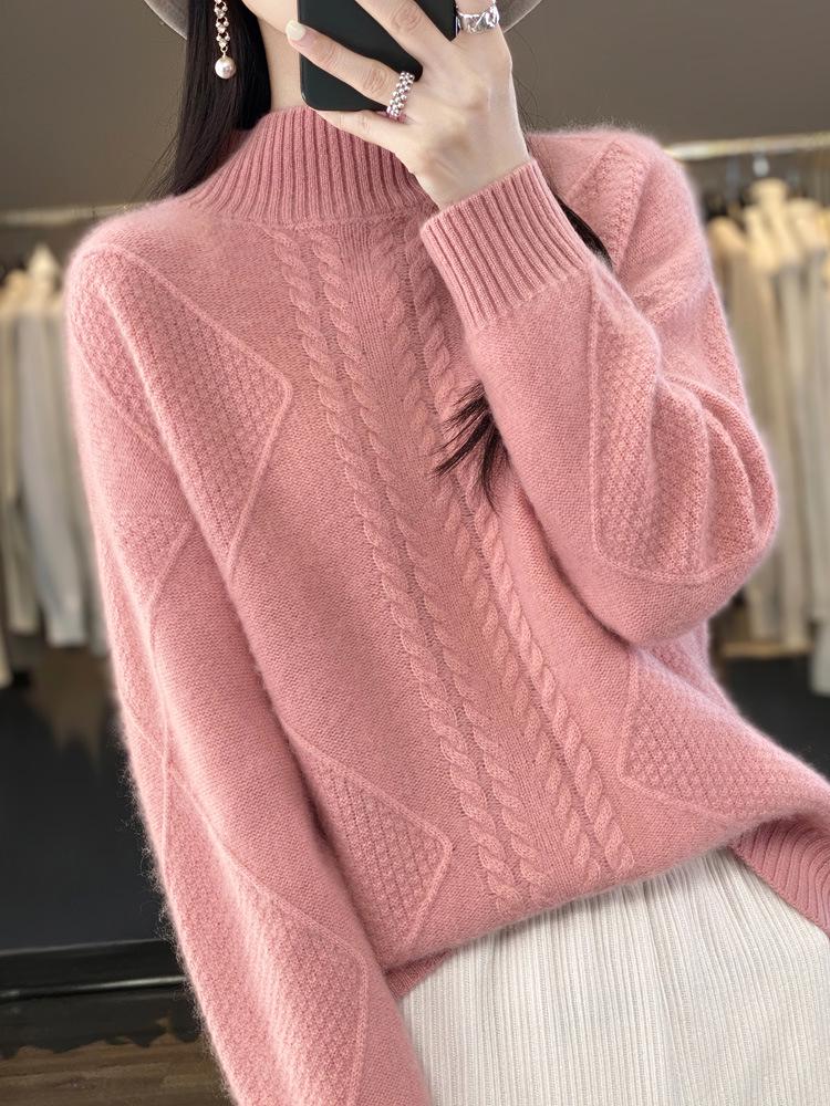 Women's Heavyweight Wool Cable Knit Sweater - Half-High Collar Loose Pullover