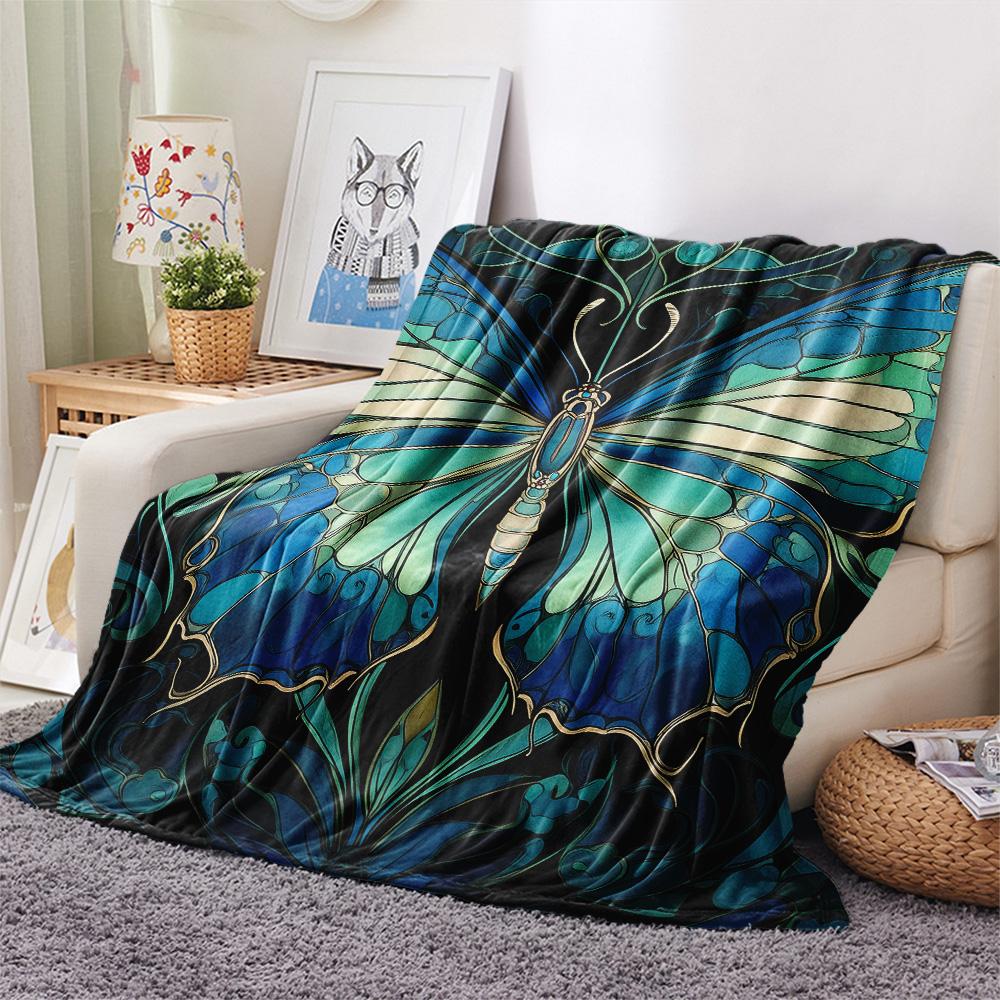 Cyan Butterflies Print Flannel Blanket, High quality Comfortable for All Seasons, Home Decor, Warmth and Comfort