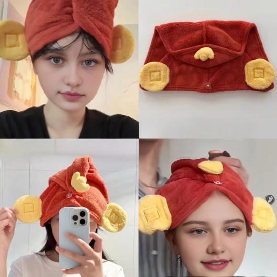 Hair Drying Towel Absorbent God of Wealth Hair Wrap with Button Fast