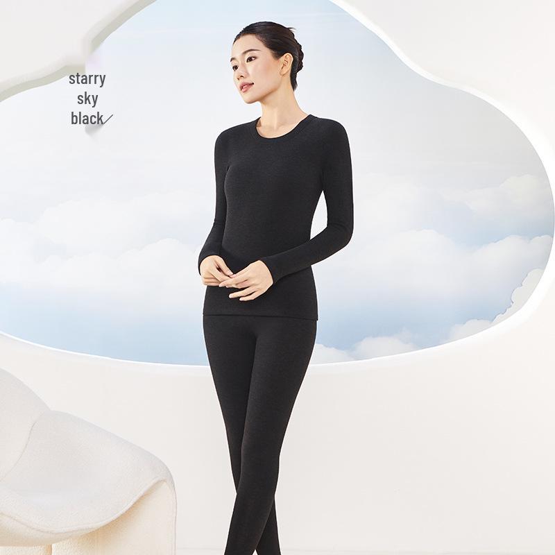 Cashmere Silk Round Neck Edged Antibacterial Fleece-Lined Women's Autumn Undershirt & Pants Set - Warm & Skin-Beautifying.
