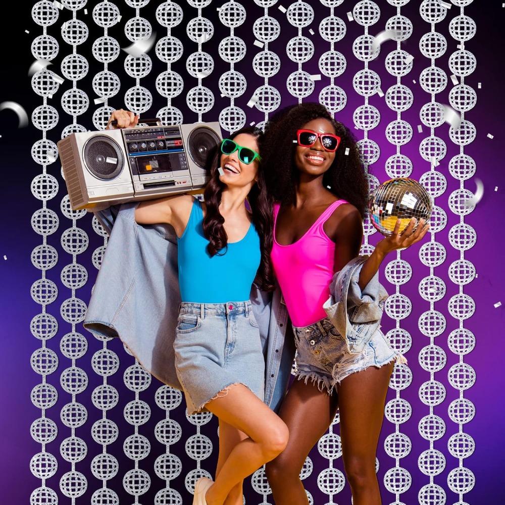 2pcs Disco Party Decorations Disco Ball Photo Booth Props Silver Foil Fringe Curtains Photo Backdrop for The 70s 80s Theme Last Disco Bachelorette