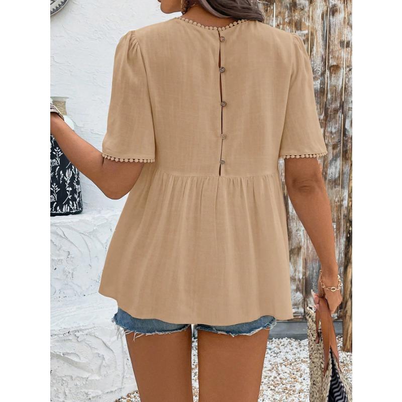 YYFS Women's Fashion Casual Summer Spring Solid Color Print  Short Sleeve O-Neck Blouses & Shirts