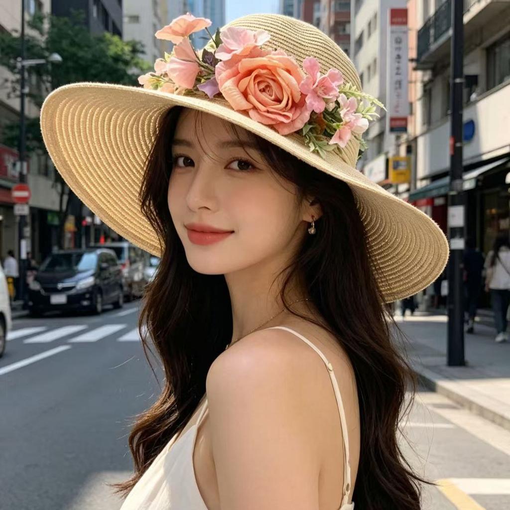 Hat Women's Summer Flowers Straw Hat Sun Hat Big Edge Beach Hat Women's Sunscreen Cool Hat Basin Hat Self-operated