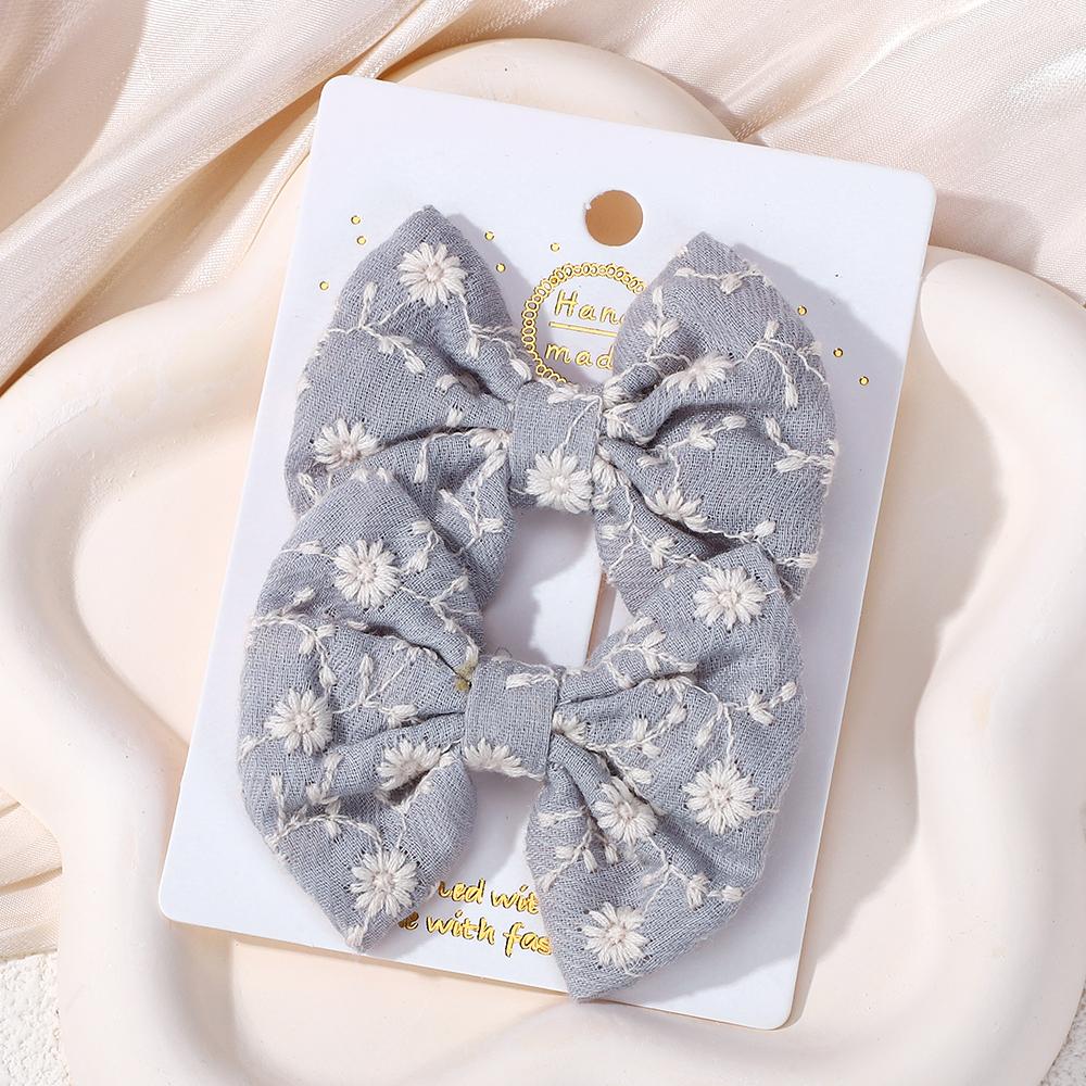 2Pcs/set Bows for Girls Hair Pins Embroidery Printing Hair Clips Solid Color Bowknot Handmade Barrettes Kids Hair Accessories