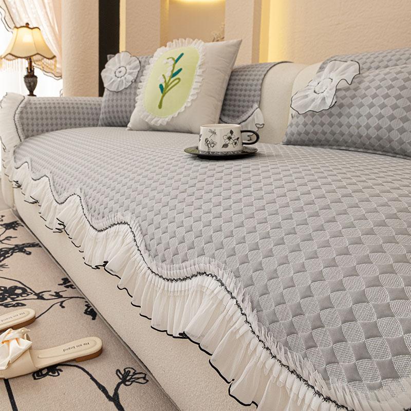 French New Cool Ice Silk All Season Anti-Slip Creamy Aesthetic Irregular Lacework Sofa Cushion Cover With Non-Slip Bottom