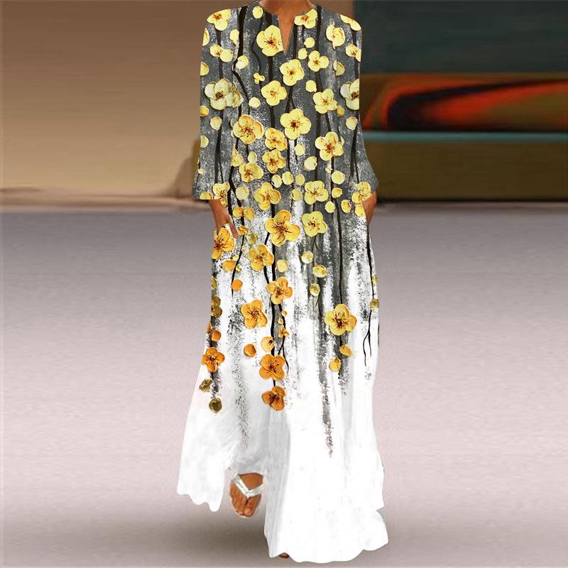 

Сукня вільного крою з V-подібним вирізом та довгими рукавами з принтом - Європейський та американський стиль 5XL