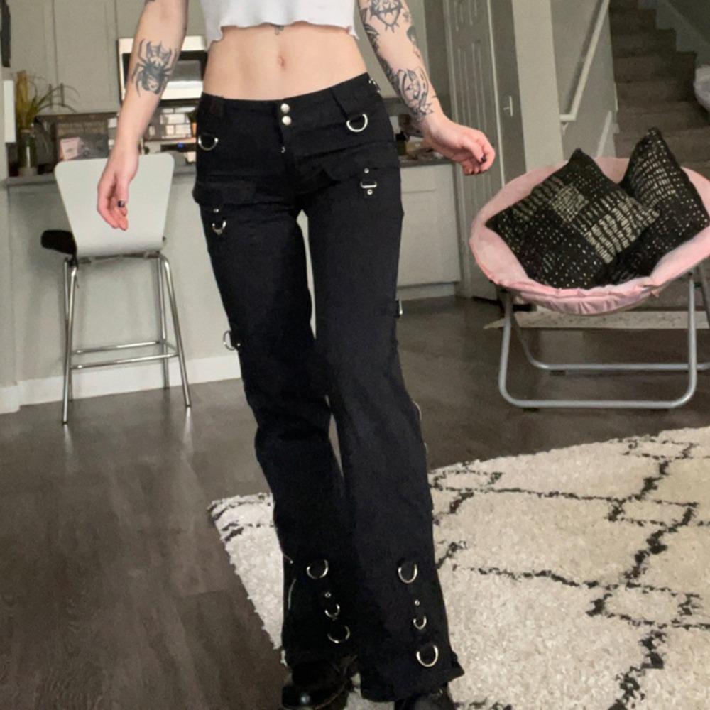 Women's Low Rise Flare Jeans Loose Fit Metal Ring Zipper Cargo Pocket Long Denim Trousers