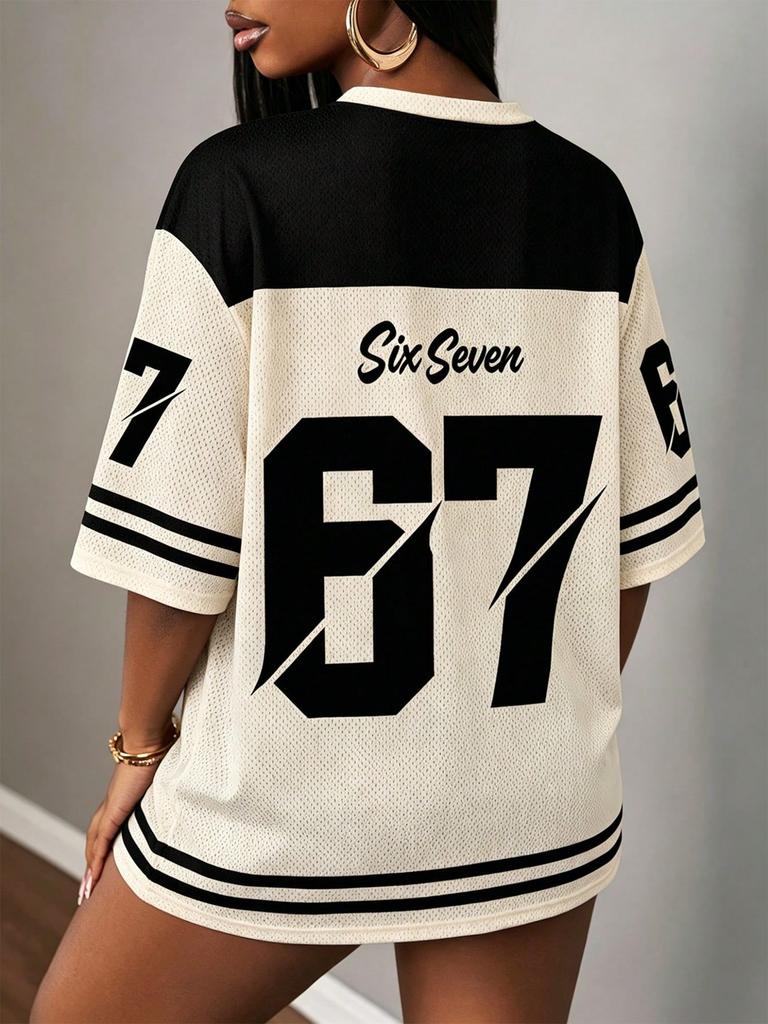 T-shirt à col en V avec numéro de maillot 67, Cravate, Motifs Lettres & Numériques, Design Minimaliste Décontracté, Convient Pour l'Été, Convient Pour Sortir