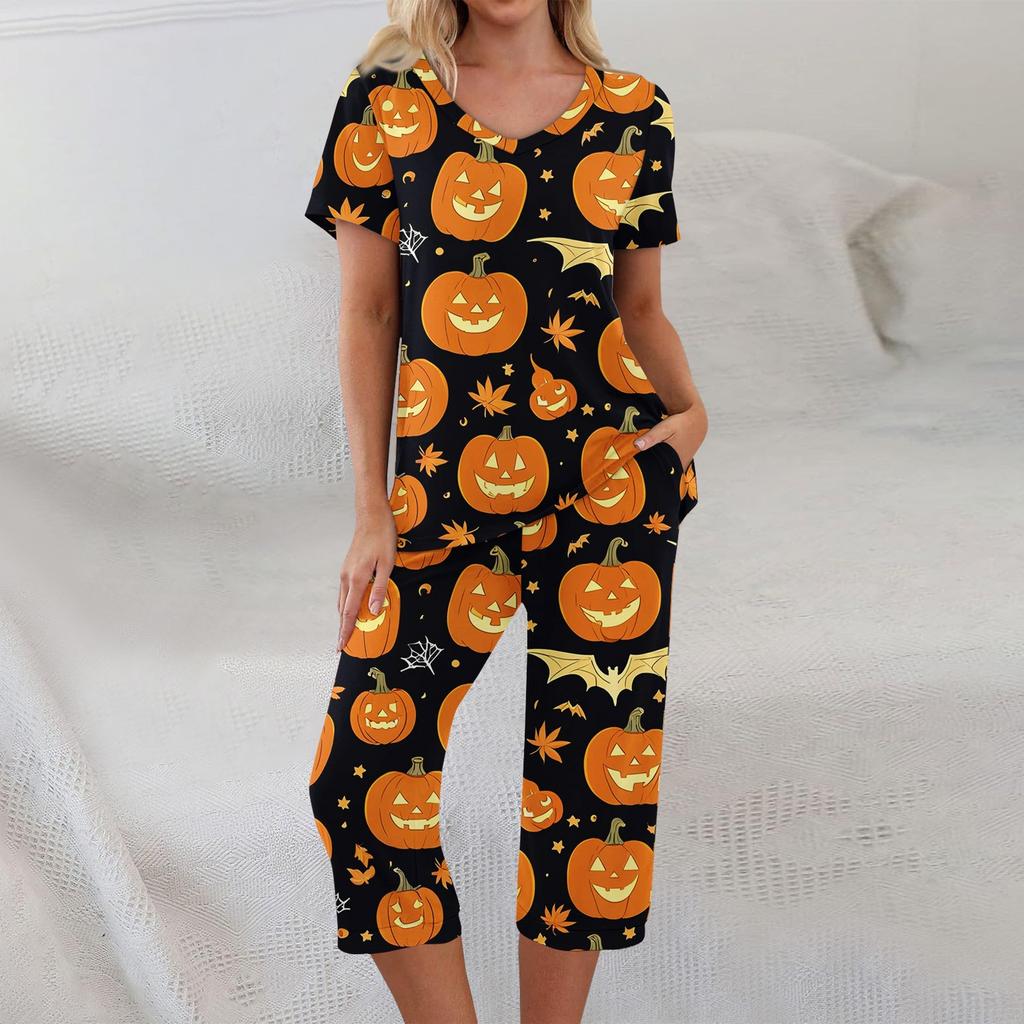 Dvoudílné soupravy pro ženy Krátký rukáv Top a Kalhoty s kapsami Cvičení Měkké Halloweenský potisk Soupravy