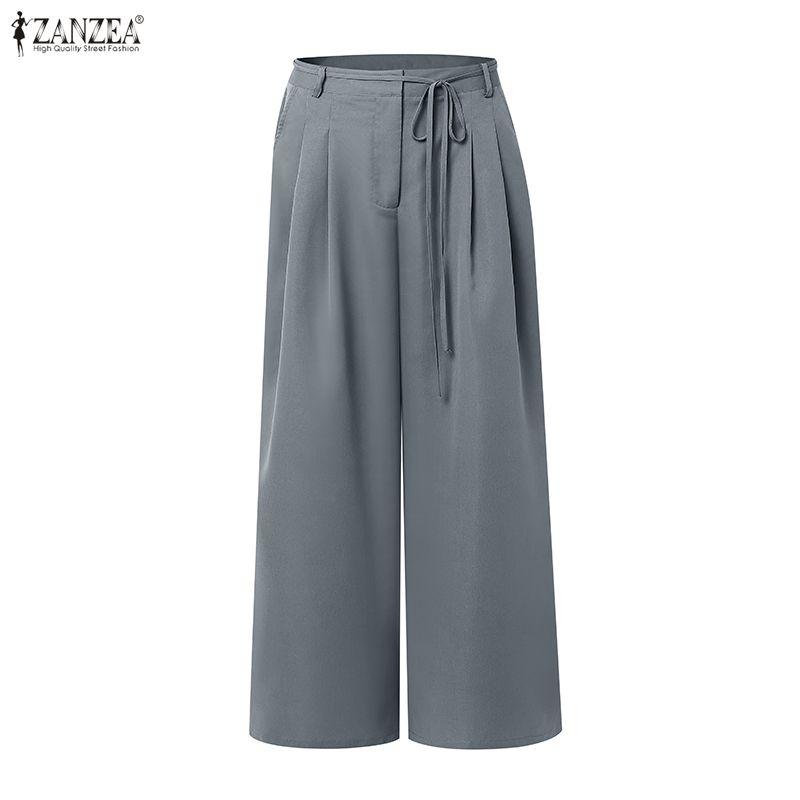 ZANZEA Womens Casual Solid Color Loose Commute Wide Leg Pants