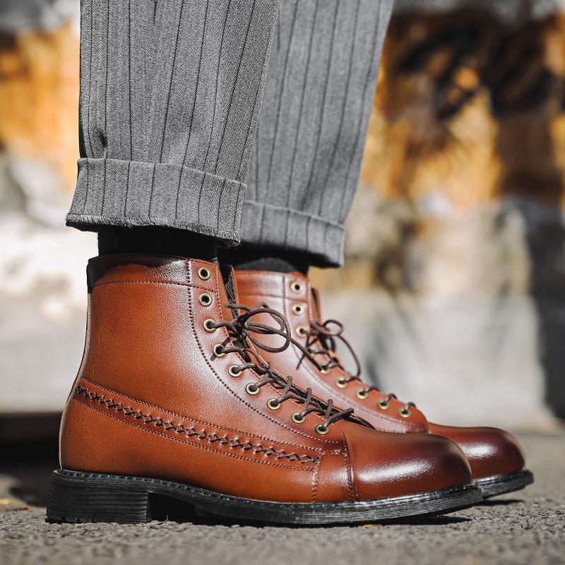 Mens Ankle Boots Classic Handmade Leather Boot Fashion Motorcycle Boots Lace Up Non Slip Trekking Boot Work Safety Boots for Men