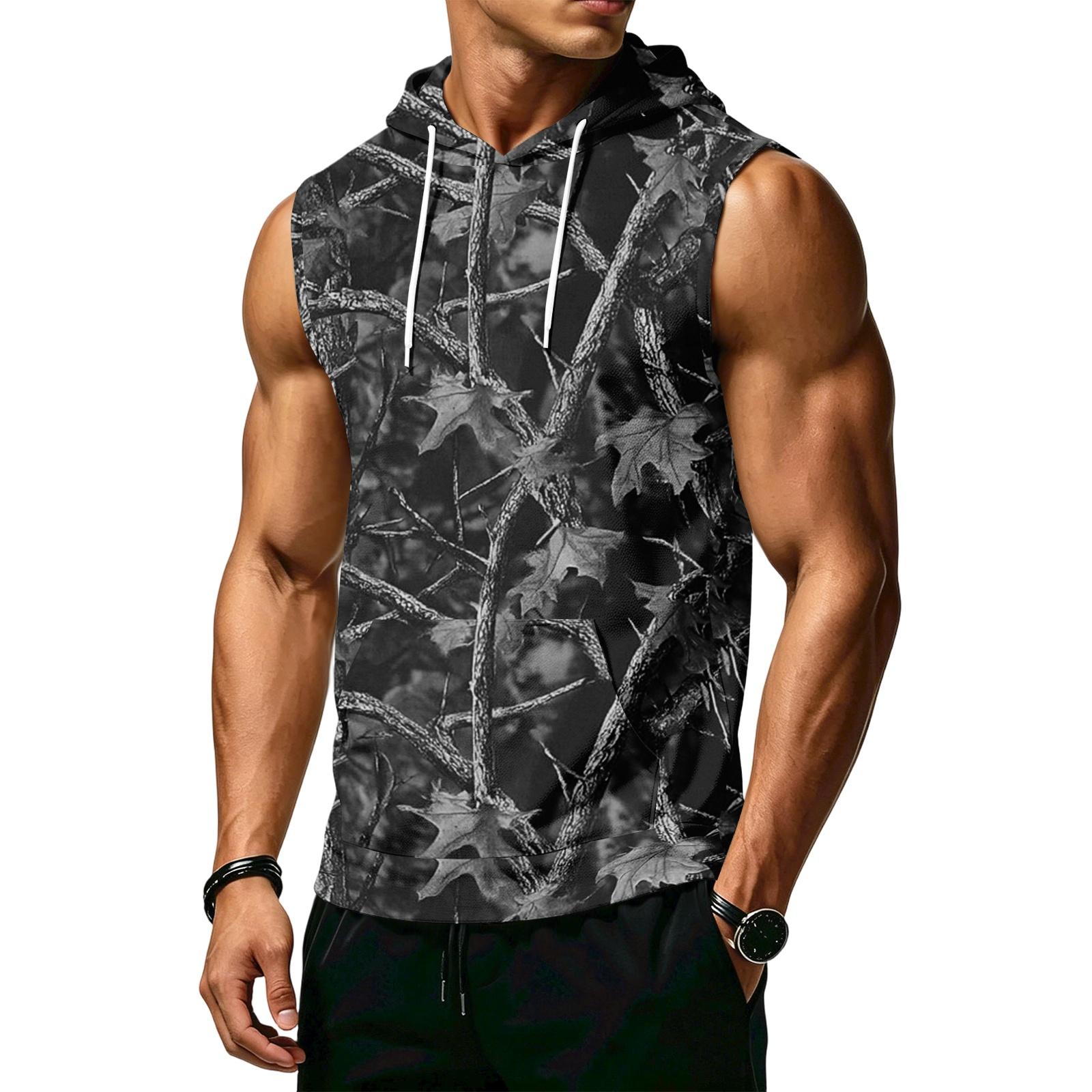 Men s Sleeveless Hoodie Athletic Casual Tank Top with Hood Pocket Drawstring Camouflage Print Muscle Fit Outdoor Sportswear XXXL чёрный