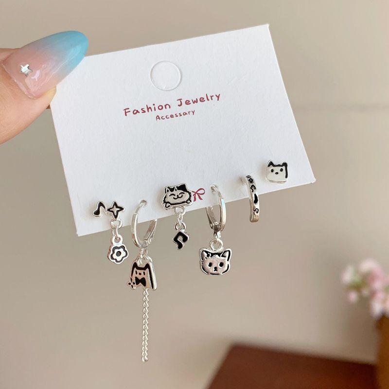 

Niche Style Cute Cat Ear Stud Cartoon Note Kitten Ear Clip Suit Silver Needle Exquisite Small and Versatile Student Earrings EKT006 note cat Suit