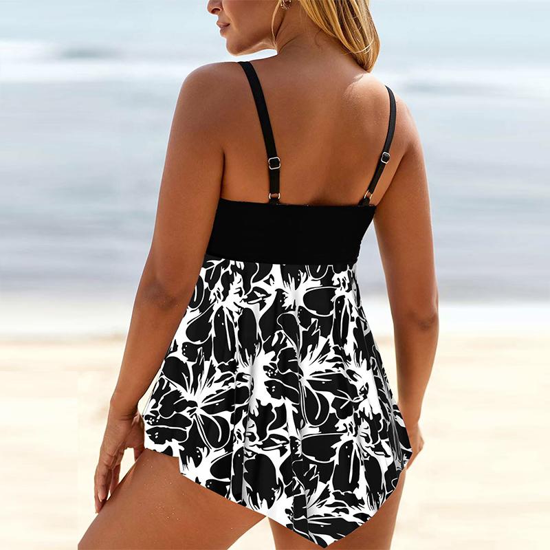 Dámské plavky Halter Bikini Tankini Černé plavky s květinovým potiskem