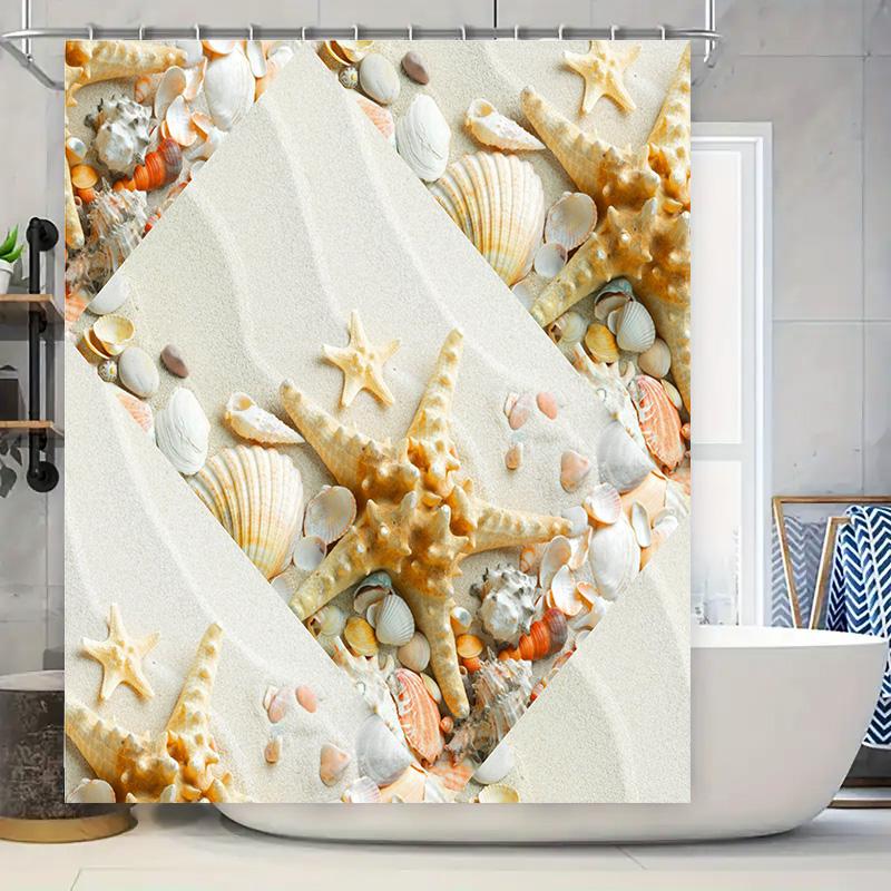 Seashell Print Shower Curtain Beach Decor Bathroom Decoration Waterproof Fabric 3D Printed Bath Mat For Home Decorations White W60H190(CM)-1 Pcs