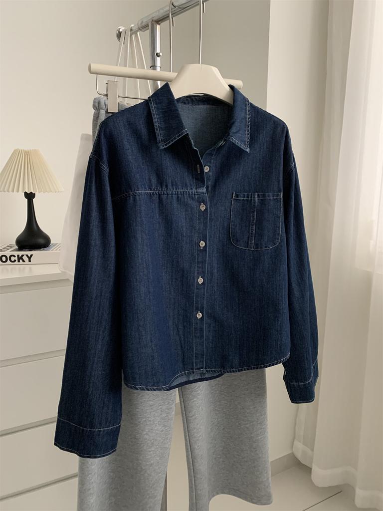 Korean Retro Tencel Cotton Pocket Denim Shirt Women's 1116 Spring Small Lapel Shirt Cardigan Jacket