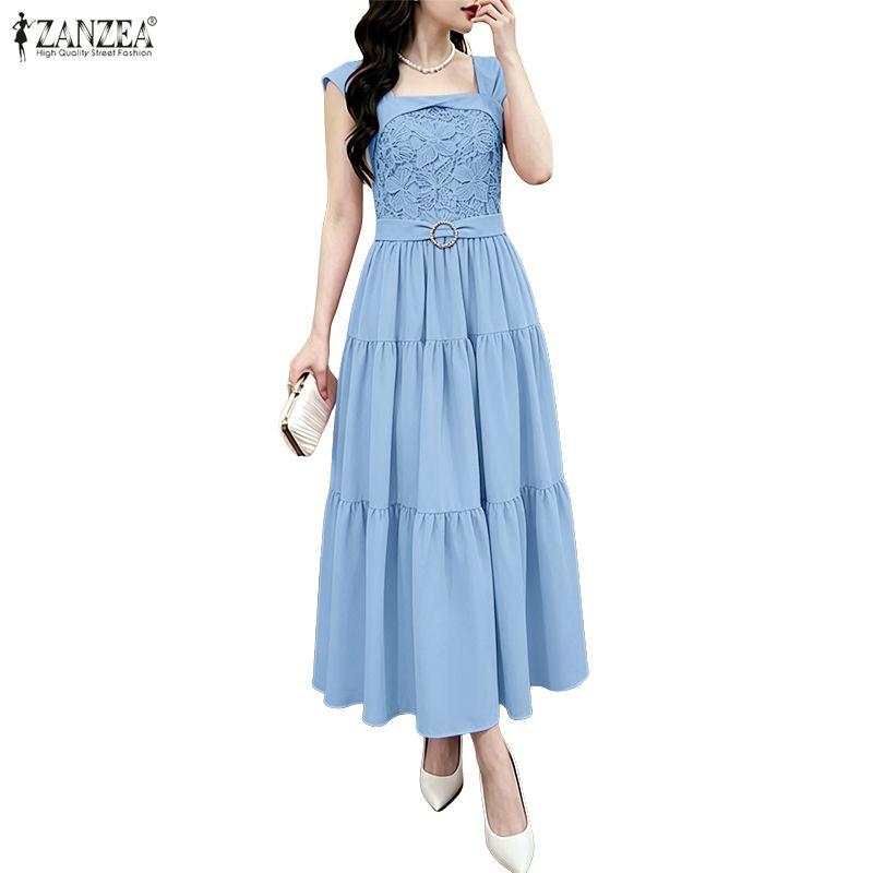 ZANZEA Women Elegant Lace Crochet Patchwork Round Neck Casual Sleeveless Dress