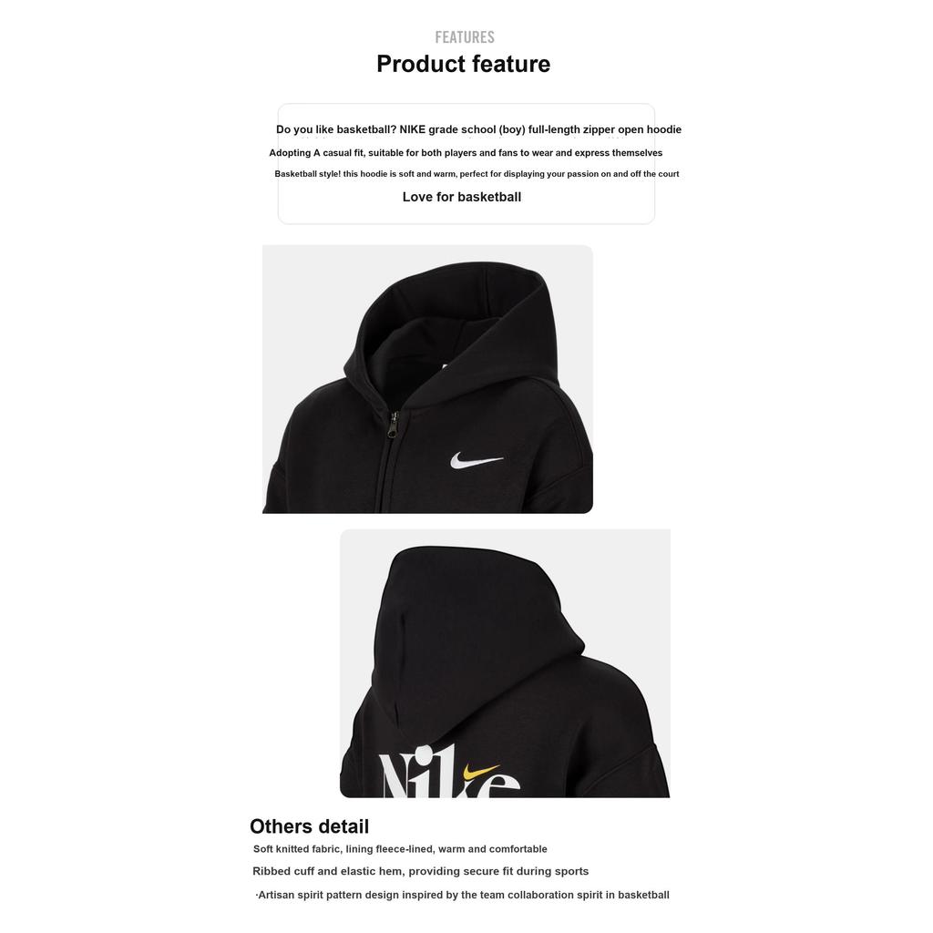 Nike Sportswear Hooded Jacket Black White Big Kids' (GS) Full Zip FV8447-010