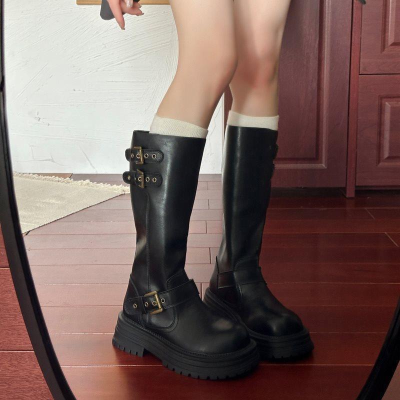 Hohe Stiefel mit flachem Absatz, Kniestiefel im britischen Stil, Ritterstiefel, dick aber klein, Herbst- und Winterstiefel 2025, neu für Damen, erhöht, retro